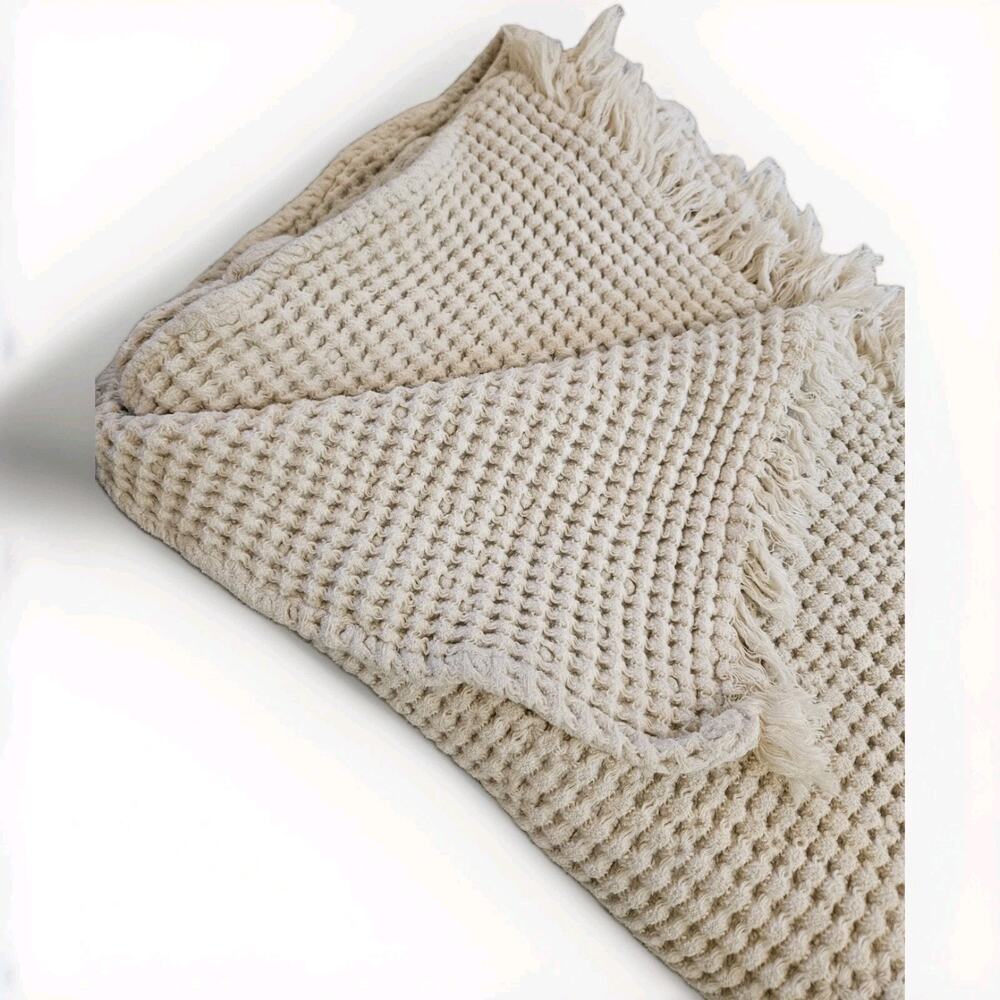 Anthropologie Tasselled Throw Blanket Cream Off White Color 44x48 Waffle Cotton